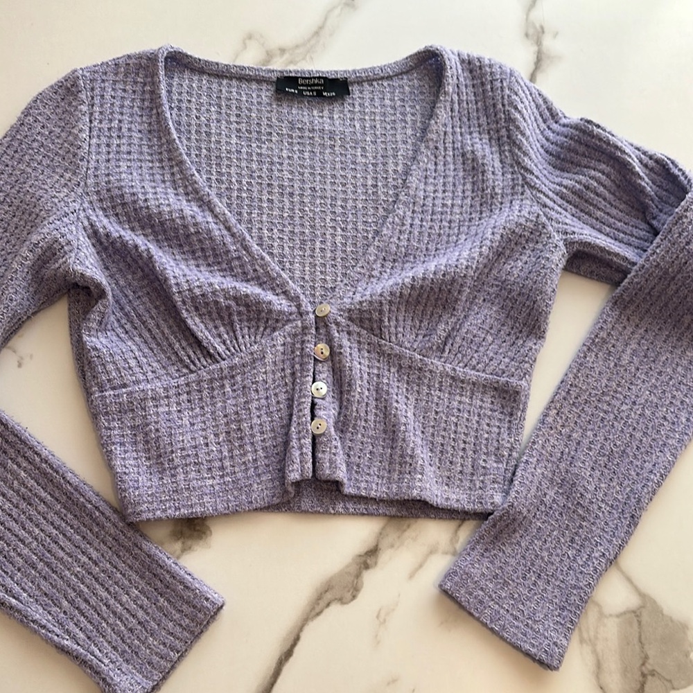 Bershka Purple Ribbed Long Sleeve Blouse